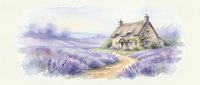 Watercolor cottage with thatched roof surrounded by blooming lavender fields and rolling hills. Rustic countryside home with purple flowers and scenic landscape.