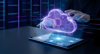 Businessman hand touching holographic cloud computing icon above digital tablet in modern data center server room background for technology concept.