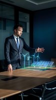 Professional businessman presenting holographic renewable energy project with wind turbines and solar panels in modern office boardroom.