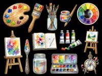 Watercolor art supplies clipart set isolated on transparent background. Palette, brushes, easel, paint tubes, sketchbook for t-shirts, stickers, print on demand.