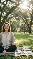 Woman in casual attire meditating peacefully on blanket beneath arching trees with dappled sunlight, suitable for wellness, mindfulness and outdoor lifestyle content.