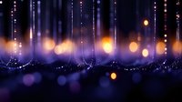 Abstract purple and gold bokeh background with hanging light strings and sparkling particles for festive celebrations and holiday decorations.