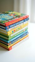 Stack of colorful children's books including titles about magical forests and space explorers, arranged on white surface for educational and literacy concepts.
