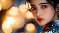 Young Asian woman in traditional blue cheongsam dress against blurred golden bokeh lights background, soft portrait with red lipstick and elegant makeup.
