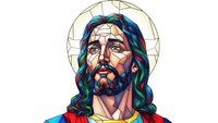 Stained glass style portrait of bearded man with long hair and halo in colorful geometric art form for religious and spiritual design projects.