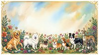 Watercolor dogs of various breeds sitting in a flower garden with copy space, framed by a decorative golden border.