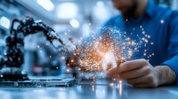 Engineer working with robotic arm and digital particles in modern laboratory showcasing artificial intelligence and automation technology innovation.