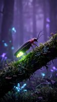 Glowing firefly beetle on moss-covered branch in enchanted purple forest with magical bioluminescent lights creating mystical fairy tale atmosphere.