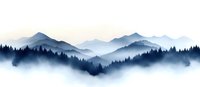 Misty mountain landscape in blue tones with layered peaks and pine forest silhouettes, foggy valleys creating atmospheric depth for wall art and nature designs.