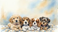 Four adorable puppy friends sitting together on soft blankets under dreamy pastel sky, showcasing different breeds in watercolor style for pet lovers.