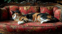 Calico cat lounging on vintage red damask sofa with ornate wooden frame, displaying regal relaxed pose against luxurious floral upholstery pattern.
