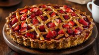 Fresh strawberry tart with golden lattice pastry crust on wooden board, garnished with powdered sugar and served with coffee cup in rustic setting.