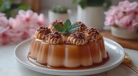 Caramel flan dessert garnished with chocolate crumbs and mint leaves on white plate, pink flowers in soft focus background creating romantic mood.