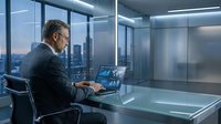 Professional businessman working on laptop in modern glass office with city skyline view during evening hours for corporate presentations.