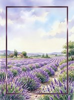 Watercolor lavender field landscape with rustic farmhouse and rolling hills in decorative frame for home decor and wall art projects.