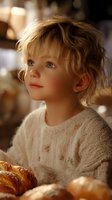 Young Caucasian girl with blue eyes and blonde curly hair wearing cozy knit sweater gazes upward during breakfast time with fresh pastries in warm morning light.