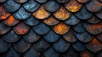 Weathered roof tiles in dark blue and rusty orange create dramatic scale pattern texture with light and shadow play, architectural detail macro photography.
