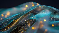 Abstract digital wave with glowing particles and bokeh lights on dark background for technology presentations and futuristic design projects.
