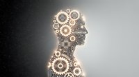 Silhouette of human head in profile filled with glowing gears and cogs, representing automation, artificial intelligence, and mechanical thinking processes for technology concepts.