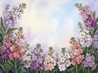 Watercolor floral border with purple, pink, and white blooms framing a soft pastel sky background, perfect for cards and invitations.