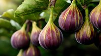 Fresh ripe purple figs growing on tree branch with green leaves in natural sunlight, organic fruit close-up showing detailed texture and striped pattern.