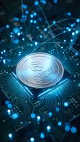 Metallic coin with geometric symbol on circuit board surrounded by glowing blue particles and digital network connections, representing cryptocurrency and blockchain technology.