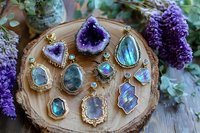 Mystical collection of amethyst geodes and labradorite pendants with gold settings arranged on wooden slice, surrounded by purple lilac flowers and greenery.