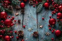 Red Christmas ornaments and natural pine cones scattered on rustic turquoise wooden background with evergreen branches and festive berries creating cozy holiday atmosphere.