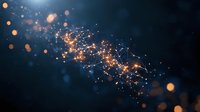 Glowing golden particles and connected lines burst across dark blue background, representing data flow, technology, innovation, and digital transformation for business and science applications.