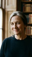 Mature Caucasian woman with gray hair smiling warmly in cozy library setting with wooden bookshelves and natural window light for lifestyle content.