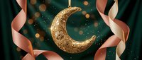 Ornate golden crescent moon with intricate patterns suspended by elegant ribbons against dark starry background with warm bokeh lights for festive decor.