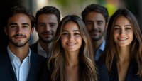 Diverse group of young professional business people smiling at camera in modern office environment. Team of colleagues in corporate attire for teamwork concepts.