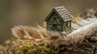 Miniature wooden house model nestled in natural feather creating whimsical fairy tale scene for storytelling and fantasy concepts.
