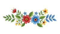 Watercolor floral border with red and blue flowers, green leaves on white background. Decorative botanical element for invitations and crafts.