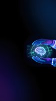 Hands in protective gloves holding holographic brain with digital interface elements on dark blue background for medical technology concepts.