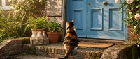 Calico cat sitting on stone steps in front of blue wooden door with potted plants and climbing vines creating charming Mediterranean courtyard scene.