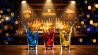 Three colorful cocktails with dynamic splashes on wooden bar counter against blurred nightclub background with golden bokeh lights and warm atmosphere.