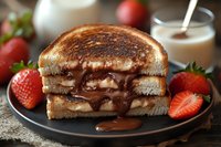 Grilled peanut butter and chocolate sandwich with fresh strawberries on dark plate, comfort food breakfast or dessert concept for cafes and restaurants.