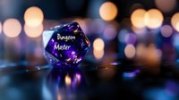 Purple translucent gaming dice with Dungeon Master text on reflective surface against blurred bokeh lights background creating magical atmosphere.