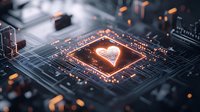Glowing heart symbol on computer processor chip with orange light effects and circuit paths, representing artificial intelligence and emotional technology.