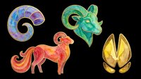 Watercolor Aries zodiac set with ram symbols, horns, and hooves in vibrant colors, isolated on transparent background, ready for stickers, T-shirts, and print on demand.