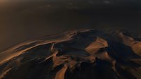 Dramatic aerial view of Martian landscape with rolling hills and valleys under dark stormy sky. Red planet terrain with rocky formations and dust storms.