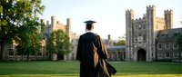 Graduate in cap and gown walking across university campus lawn toward historic stone buildings during golden hour sunset creating inspiring academic achievement moment.