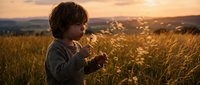 Young boy with brown hair, Caucasian ethnicity, standing in golden wheat field at sunset, holding grain stalks, wearing casual shirt, peaceful rural landscape with warm golden light.