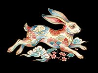 Decorative rabbit with ornate floral and cloud patterns in red, blue, and gold tones, isolated on transparent background. Ready for t-shirts, stickers, clipart, and print-on-demand designs.