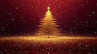 Glowing golden Christmas tree silhouette on dark red background with magical sparkles and light particles creating festive holiday atmosphere.