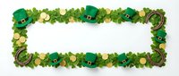 St. Patrick's Day decorative frame with green leprechaun hats, gold coins, and shamrock leaves arranged in a rectangular border on white background for holiday greeting cards and festive designs.