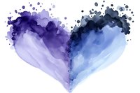 Purple and blue watercolor heart with paint splatters isolated on white background for romantic designs and Valentine's Day projects.
