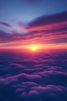 Dramatic sunset above fluffy clouds in purple and orange hues, sun peeking through vibrant sky with layered cloudscape stretching to horizon.