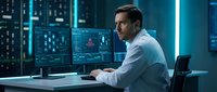 Caucasian male IT security analyst monitoring cyber threat alerts on dual screens in a dark server room data center.